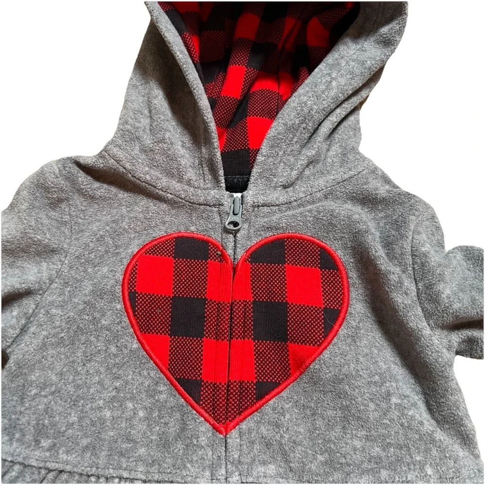 Carter's Girl's 6 Mos Grey With Red‎ Buffalo Plaid Heart Jacket With Lined Hood